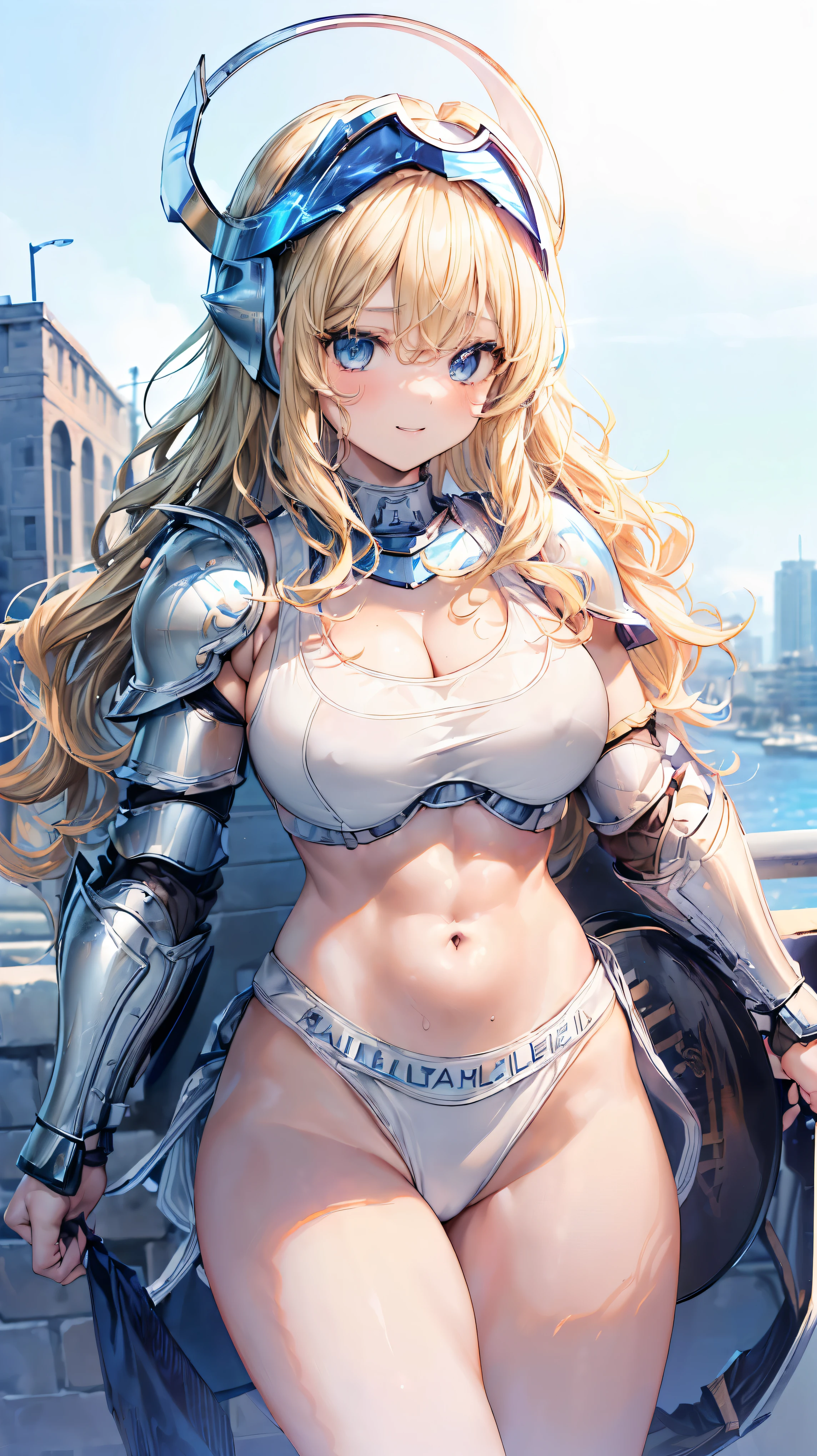 (Adult women:1.5)、Very detailed、highest quality、Best image quality、masterpiece、8k、Anime Face、A kind smile、Open your mouth、Sparkling blue eyes、(Blonde Wavy Hair:1.5)、、Muscles of the whole body、camisole、Thigh belt、mini skirt、(Wearing white bikini armor:1.5)、(Cowboy Shot:1.5)、(Leg armor:1.5)、(Wearing a helmet:1.5)
