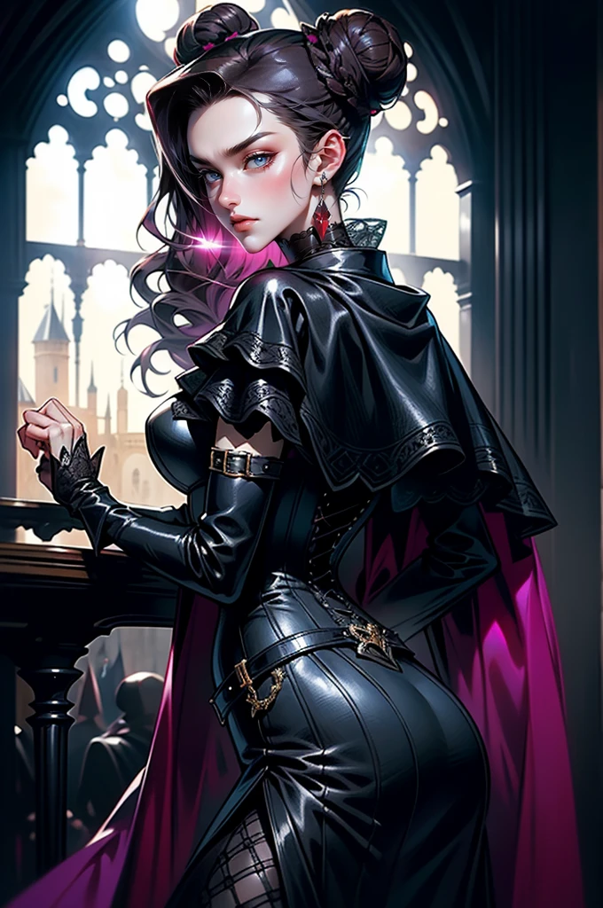 (masterpiece, top quality, best quality, official art, beautiful and aesthetic: 1.2), (1 woman: 1.3), long curly dark brown hair, ((fancy bun)), Victorian style, Victorian classic, extremely detailed, portrait, looking at the viewer, solo, (full body: 0.6), detailed background, close-up, mischievous eyes, magenta eyes (cold midnight castle theme: 1.1), vampire, long fangs, blood on chin, huge lips, charlatan, mischievous smile, mysterious, being seductive on the balcony, revealing gothic dress, extremely tight bodice, black costume, magenta skirts, off-the-shoulder, long sleeves, loose sleeves, black leather , cape, corset, black dress, fishnets, black high boots, buckles, straps, bags, glowing blood magic energy, dark magenta fabric, silver trim, black leather, extremely slim, slim waist, slim hips, medieval background (gothic castle exterior: 1.1), nocturnal, dark and mysterious lighting, shadows, magical atmosphere, Dancing lightly. backwadrs, Looking back. Very sexy, with chin resting on shoulder, abigail larson art style