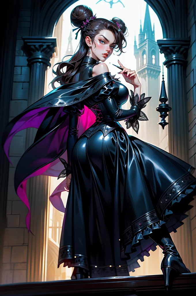 (halloween theme:1.2), (magical academy:1.2), (fantasy:1.2), (magic:1.2), monster girls, long hair, snakes, gorgon, snake hair, BREAK, Beautiful illustration, top-quality, (cute Russian medusa girl, white people:1.3, Caucasian:1.3), having medusa features, (medusa:1.5), BREAK, (medusa hair:1.5), (snake hair:1.3), (hair is composed of countless small snakes:1.3), (pink eyes, pale skin:1.1), (beautiful, 20 years old:1.5), slim, slender, (small-medium breasts), clean face:1.3, BREAK, (black elegant full lacy dress), (latex corset), (black latex stockings), (knee-high-over-boots, pin-hells), (insanely detailed clothes), BREAK, (arms up behind head:1.5), (charmed:1.5), heart pink eyes, lovely thighs, (looking straight at the viewer:1.3), (view viewer:1.3), top angle, (((magical academy background:1.5))),