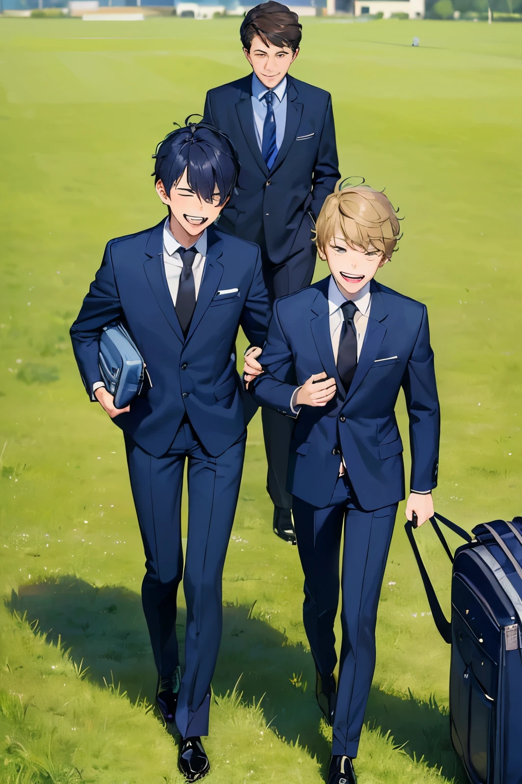 ((best quality)), ((masterpiece)), ((detailed)), (((perfect faces))), (((18yo teen boys in navy blue suits))), (((walking))), (((laughing))), (((big wide eyes))), (((whole body))), (((grass field))), (((black shoes))), (((school bags)))