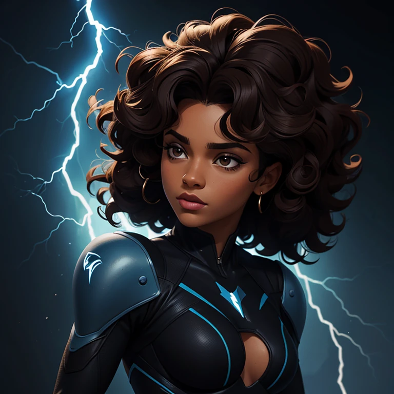 Garota negra, with hair that is curly and appears to be quite voluminous.The natural style of the curls suggests that the hair has a texture that retains the shape of the curls well. Dark brown eyes black image background with blue lightning
