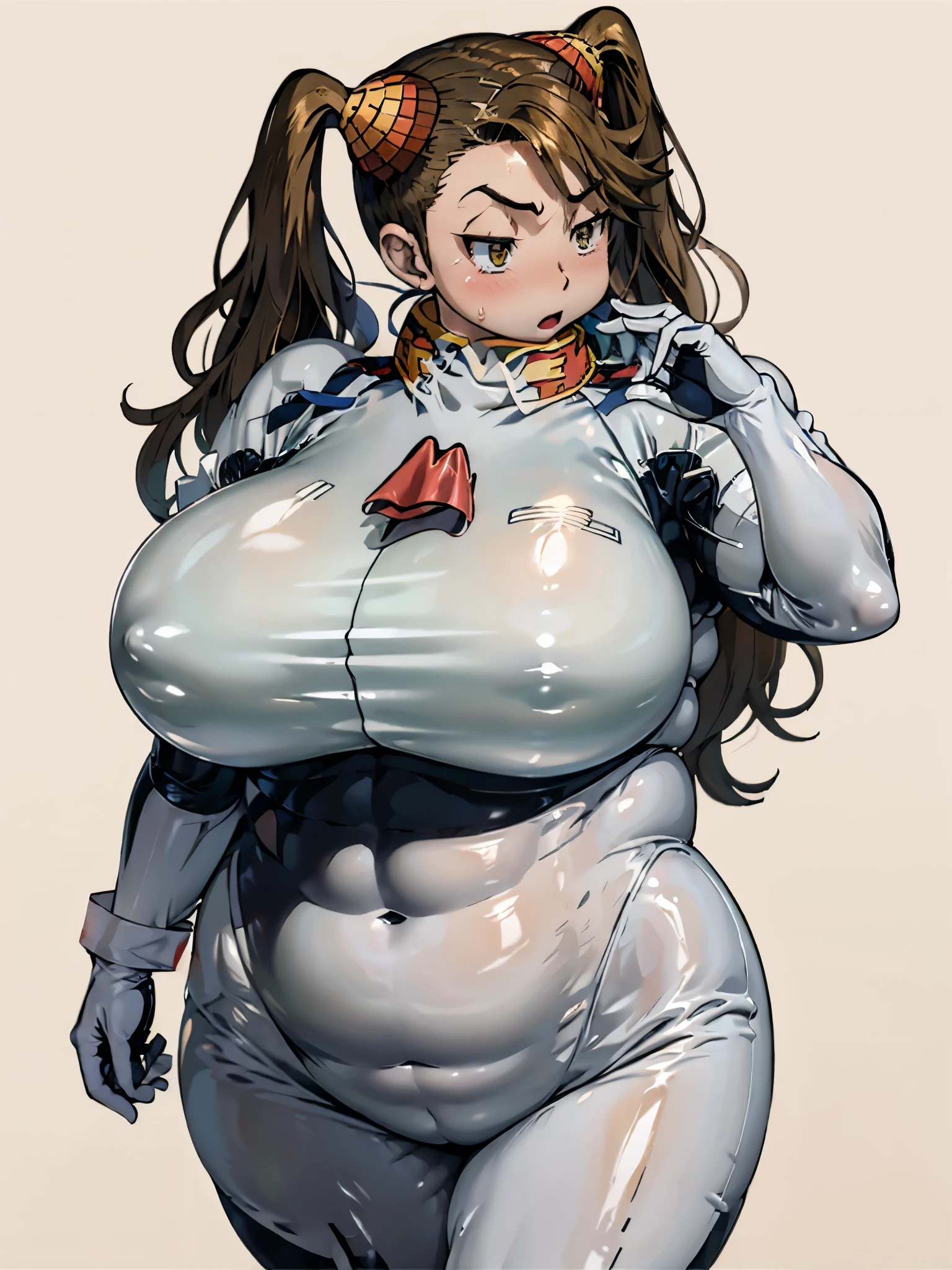 A girl wearing a white bodysuit, Emphasized curvaceous loot, Brown Hair,Light brown eyes,Muscular!!,Blushed,Troubled expression,pigtails,BIG Boned,Puffy nipples,Wide pelvis!!!!,Show the whole body,room,gloves,turtleneck,Tight bodysuit!!!!,White plug suit,plus size model,Thick body,Plump