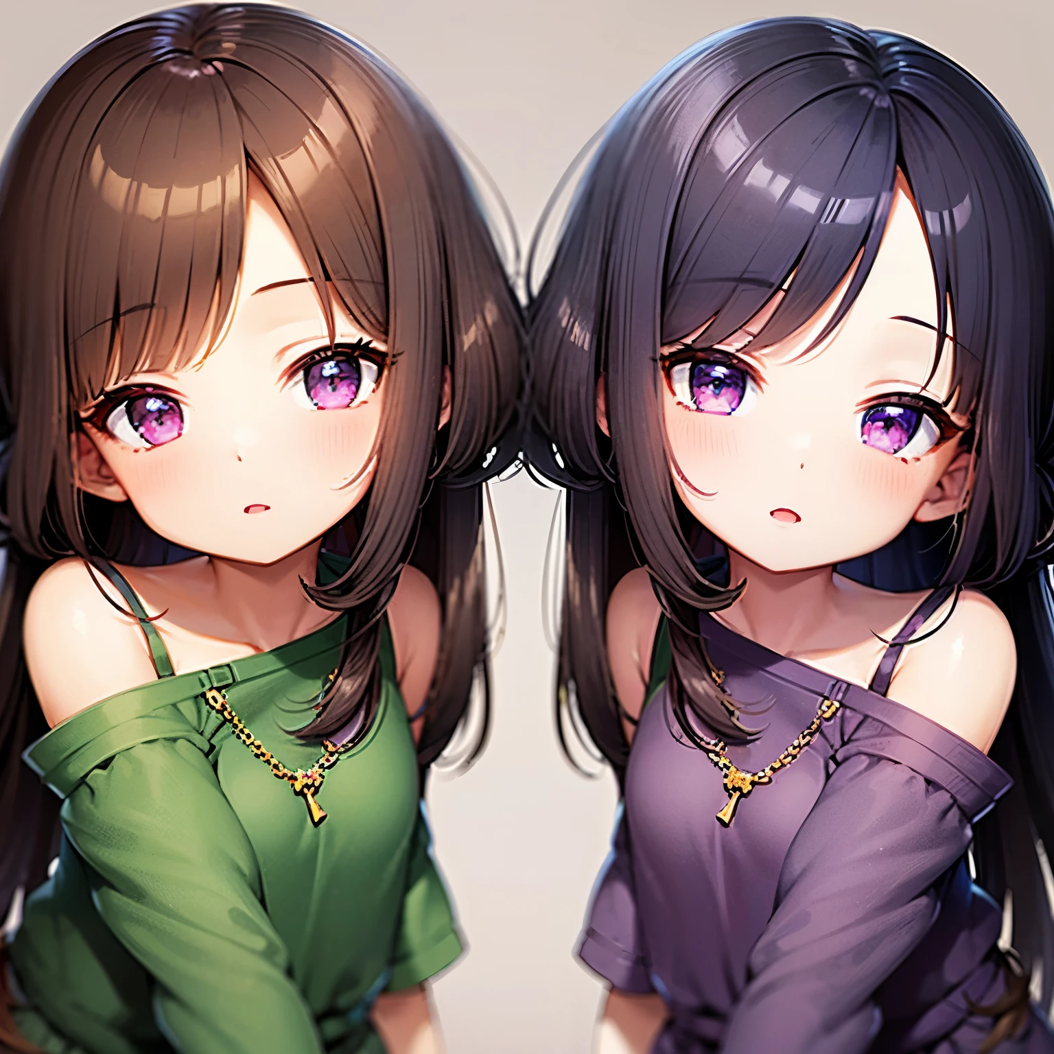 4 year old twin girls with purple eyes, greens with brown and black hair anime style