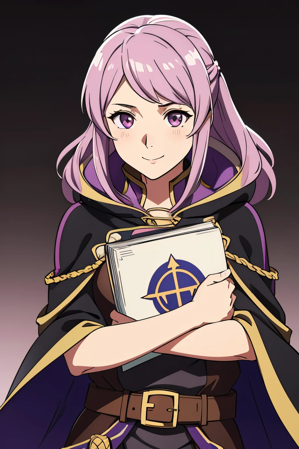 (high-quality, breathtaking),(expressive eyes, perfect face) 1girl, female, solo, portrait, Fire Emblem Awakening, Symmetrical Eyes, black background, Robin (Fire Emblem: Awakening), dark Brown hair color, short hair length, messy wavy hair, hair ornament, upper body, pink eyes, Black and purple cloak, gold trim, black shirt, brown belt, tomb, cute smile, detailed eyes, adorable face, short height, Grima, holding book,