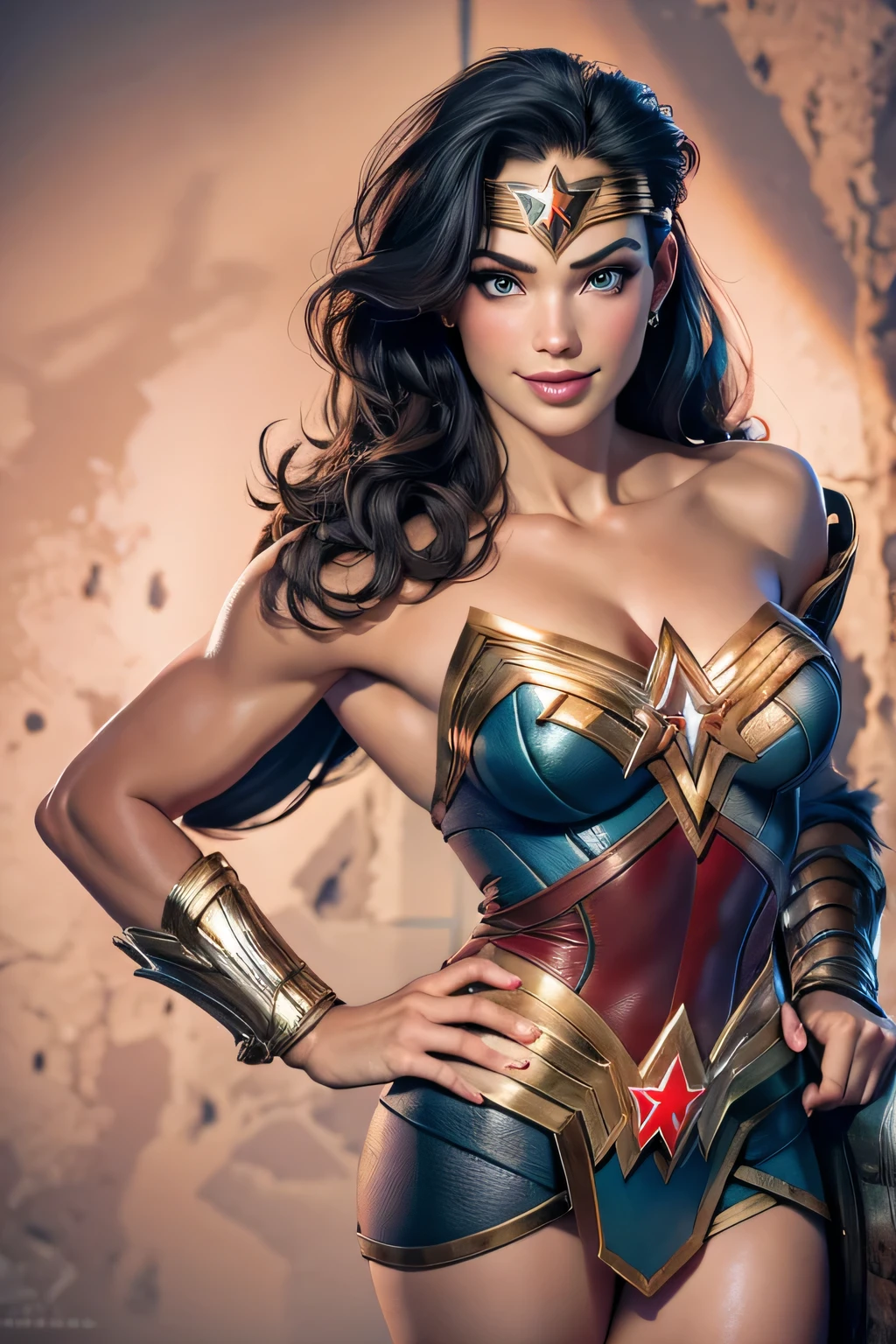 Wonder woman, Portrait photo by Altgarm, realism style, Glowing skin, Cartoon hero, Natural light, Defined lips, Strong physical strength, Feminine body, Full body, viewer, (Smile:1.2), Depth of field f/1.8, studio shot, (((looking in camera))), Camera orientation, ellen von unwerth, (Sexy Pose:1.5))
