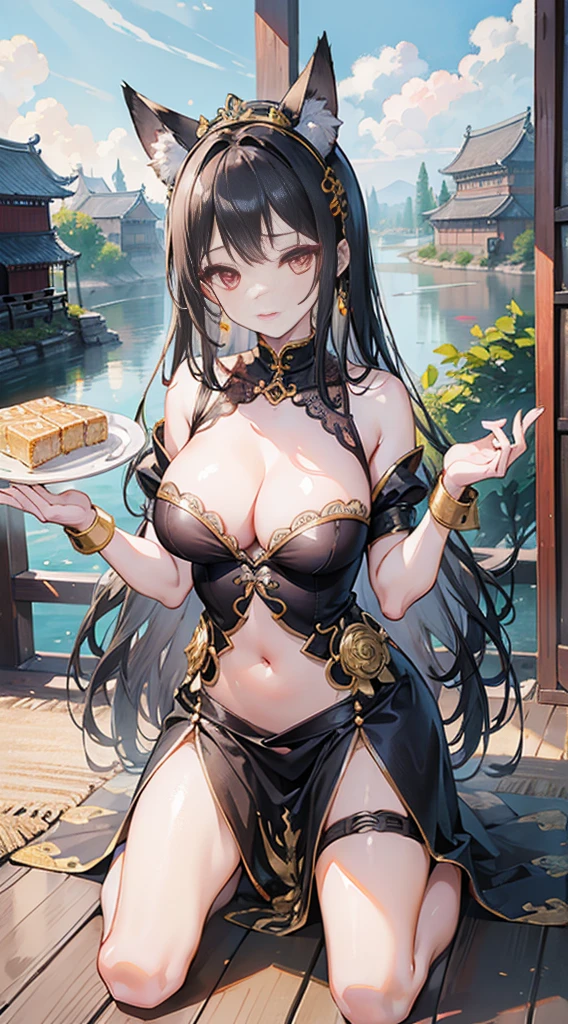 high quality, masterpiece, Ultra Detailed, Bottom View，1 girl,  Extremely detailed facial details,Navel，Black and gold maid costume，maid crown，White wedding tiara，Kneeling on the ground，Plate in hand，Red lips，handcuffs，collar，Calm expression,Smile，handcuffs，collar，Black long hair, Attractive pink eyes, Fox ears, Ridiculously big, glowing skin, Wooden floor，Smoke willow painting bridge，Wind curtain，Jiangnan Town Outdoor Scenery，landscape painting