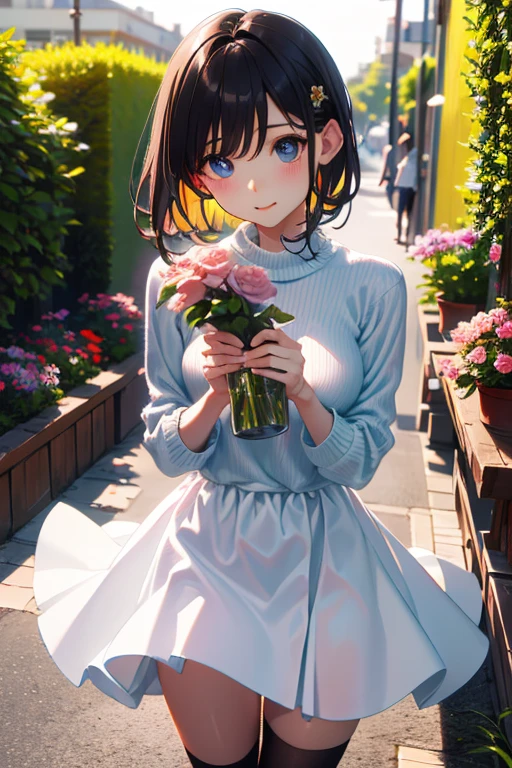 masterpiece, highest quality, One Girl, Thighs, beautiful girl, Flowers, Lots of small petals, Small waist, Large Breasts、RAWphotograph,Hands are precise、Face Light, Dynamic Lighting, Ultra-realistic, High resolution, photograph, Sharp focus, Highly detailed eyes and face,Symmetrical face、sweater、mini skirt、Knee-high socks、Hold the watering can in your right hand、flower bed