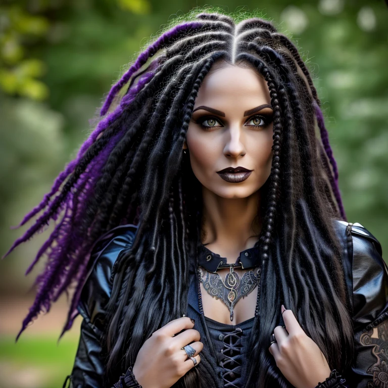 1 woman in gothic outfit, female, full body, 30 years old, pretty face, ultra detailed face and eyes, hyperrealistic, realistic representation,  hairstyle dreadlocks, stands in a park, She wears boots