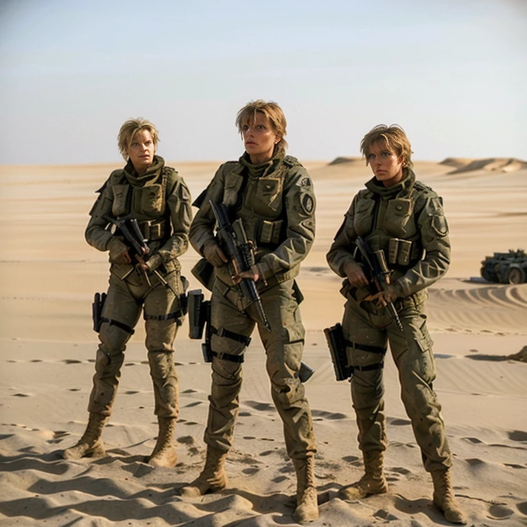 there are three soldiers standing in the sand with a woman in a bikini, bikini + Tattered military equipment, scene from dune 2 0 2 1 movie, Quiet from Metal Gear Solid v, Sexy Movie Pictures, Quiet from Metal Gear Solid, Beautiful female prisoner of war soldier, film still from dune 2020, Mechanized armed soldiers behind, Set in a post-apocalyptic world