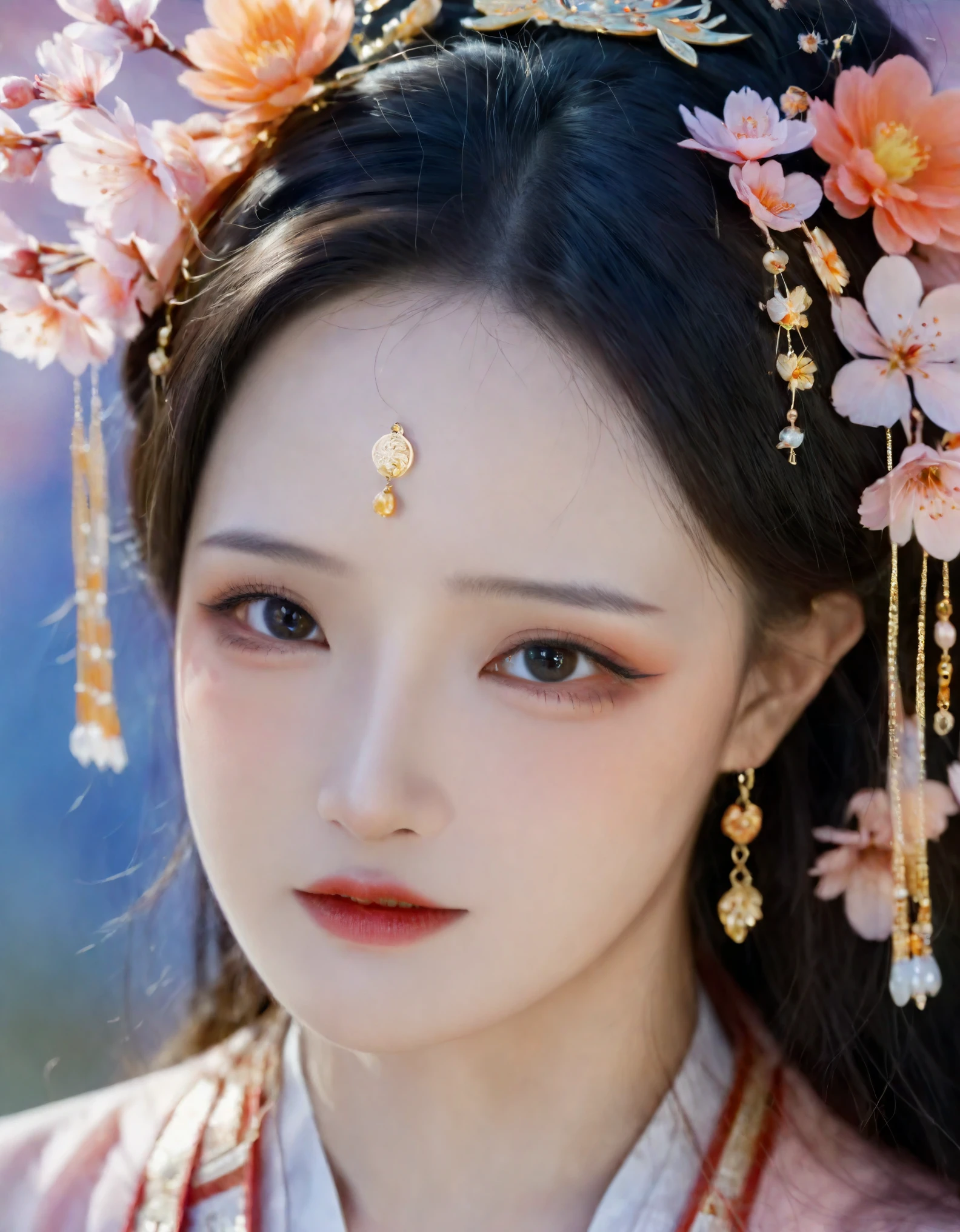 The image portrays an East Asian woman in ancient Chinese attire, radiating an ethereal aura. She wears a peach blossom hairpiece, accentuating her porcelain skin and delicate makeup. Her eyes are expressive, reflecting tranquility. A gentle breeze animates her hair, adding vitality to the portrait. She’s draped in sheer fabric with ornate gold and orange patterns, adorned with exquisite jewelry. The soft lighting and neutral backdrop amplify the narrative, highlighting her grace and feminine charm. This close-up is a testament to cultural legacy, exemplifying the pinnacle of fashion photography.