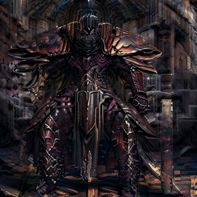 (masterpiece, best quality, detailed:1.2) BlackKnight_fe, Armor, Cape, Helmet, Sword, shield, The cloak is black color, castle, ruin, Heroic pose, polished armor, sitting on the throne, armor is shiny,