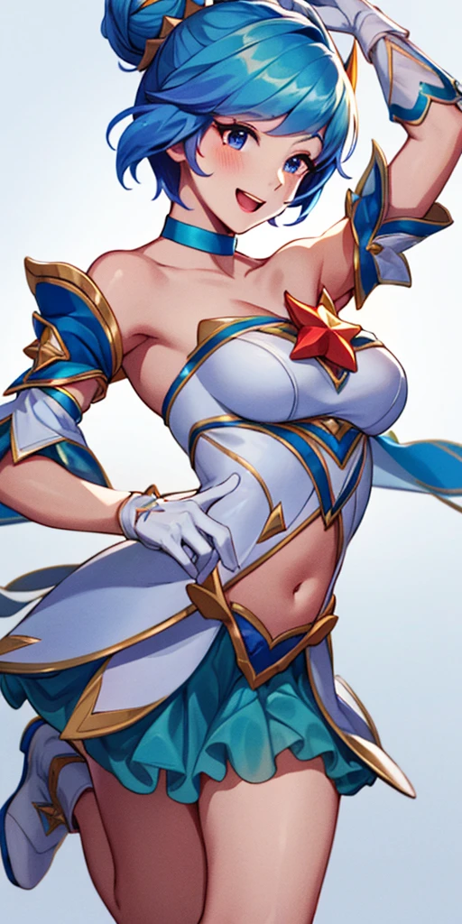 1woman full body toe to head, star guardian Orianna, blue short hair, hair bun. female wearing ballet dancer suit (blue short skirt, white gloves) smile, happy, feet together, high boots, WHITE background, RED CROTCH TATTOO UNDER BELLY NAVEL