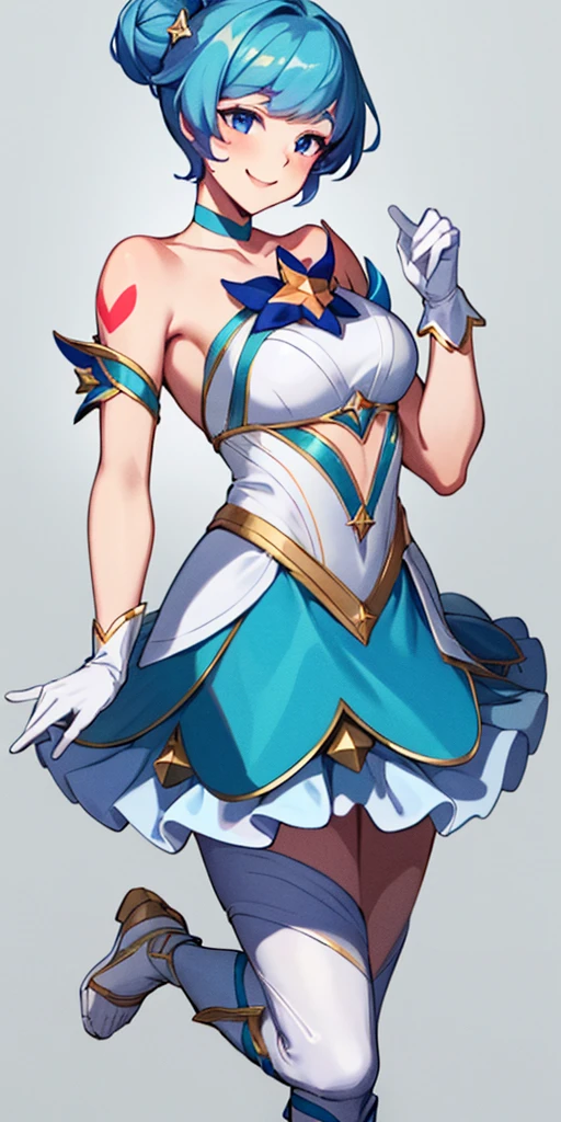 1woman full body toe to head, star guardian Orianna, blue short hair, hair bun. female wearing ballet dancer suit (blue short skirt, white gloves) smile, happy, feet together, high boots, WHITE background, RED CROTCH TATTOO UNDER BELLY NAVEL