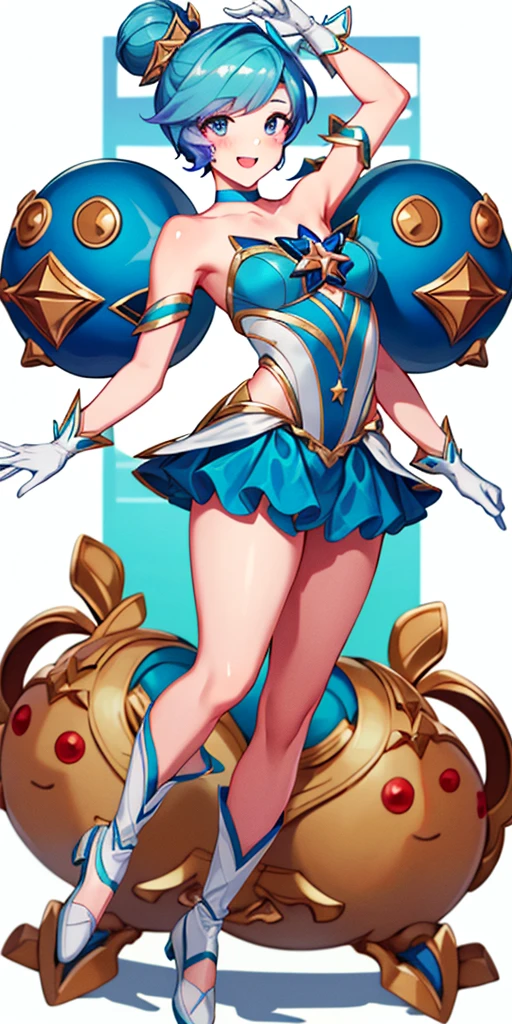 1woman full body toe to head, star guardian Orianna, blue short hair, hair bun. female wearing ballet dancer suit (blue short skirt, white gloves) smile, happy, feet together, high boots, WHITE background, RED CROTCH TATTOO UNDER BELLY NAVEL