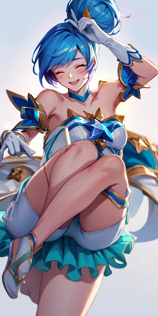 1woman full body toe to head, star guardian Orianna, blue short hair, hair bun. female wearing ballet dancer suit (blue short skirt, white gloves) smile, happy, feet together, high boots, WHITE background