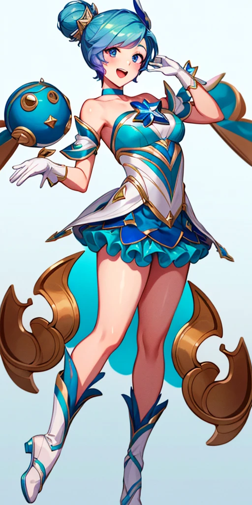 1woman full body toe to head, star guardian Orianna, blue short hair, hair bun. female wearing ballet dancer suit (blue short skirt, white gloves) smile, happy, feet together, high boots, WHITE background