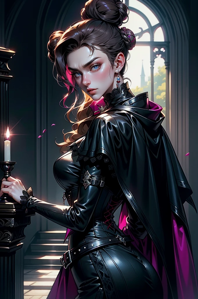 (masterpiece, top quality, best quality, official art, beautiful and aesthetic: 1.2), (1 woman: 1.3), long curly dark brown hair, ((fancy bun)), Victorian style, Victorian classic, extremely detailed, portrait, looking at the viewer, solo, (full body: 0.6), detailed background, close-up, mischievous eyes, magenta eyes (cold midnight castle theme: 1.1), vampire, long fangs, blood on chin, huge lips, charlatan, mischievous smile, mysterious, being seductive on the balcony, revealing gothic dress, extremely tight bodice, black costume, magenta skirts, off-the-shoulder, long sleeves, loose sleeves, black leather , cape, corset, black dress, fishnets, black high boots, buckles, straps, bags, glowing blood magic energy, dark magenta fabric, silver trim, black leather, extremely slim, slim waist, slim hips, medieval background (gothic castle exterior: 1.1), nocturnal, dark and mysterious lighting, shadows, magical atmosphere, Dancing lightly. backwadrs, Looking back. Very sexy, with chin resting on shoulder, abigail larson art style