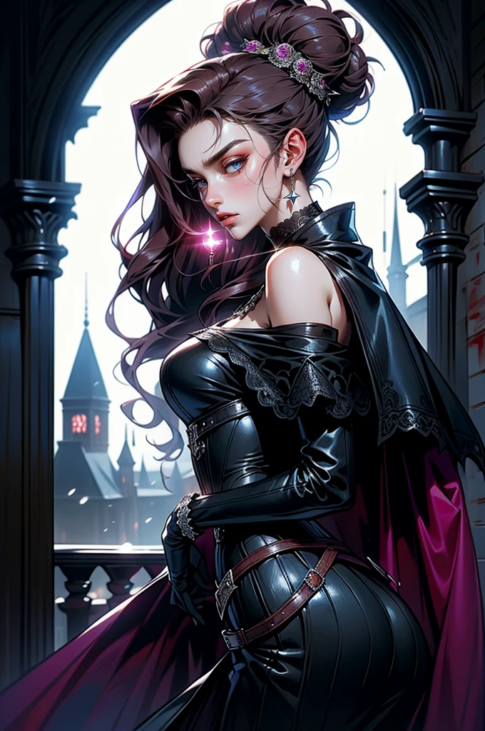(masterpiece, top quality, best quality, official art, beautiful and aesthetic: 1.2), (1 woman: 1.3), long curly dark brown hair, ((fancy bun)), Victorian style, Victorian classic, extremely detailed, portrait, looking at the viewer, solo, (full body: 0.6), detailed background, close-up, mischievous eyes, magenta eyes (cold midnight castle theme: 1.1), vampire, long fangs, blood on chin, huge lips, charlatan, mischievous smile, mysterious, being seductive on the balcony, revealing gothic dress, extremely tight bodice, black costume, magenta skirts, off-the-shoulder, long sleeves, loose sleeves, black leather , cape, corset, black dress, fishnets, black high boots, buckles, straps, bags, glowing blood magic energy, dark magenta fabric, silver trim, black leather, extremely slim, slim waist, slim hips, medieval background (gothic castle exterior: 1.1), nocturnal, dark and mysterious lighting, shadows, magical atmosphere, Dancing lightly. backwadrs, Looking back. Very sexy, with chin resting on shoulder, abigail larson art style