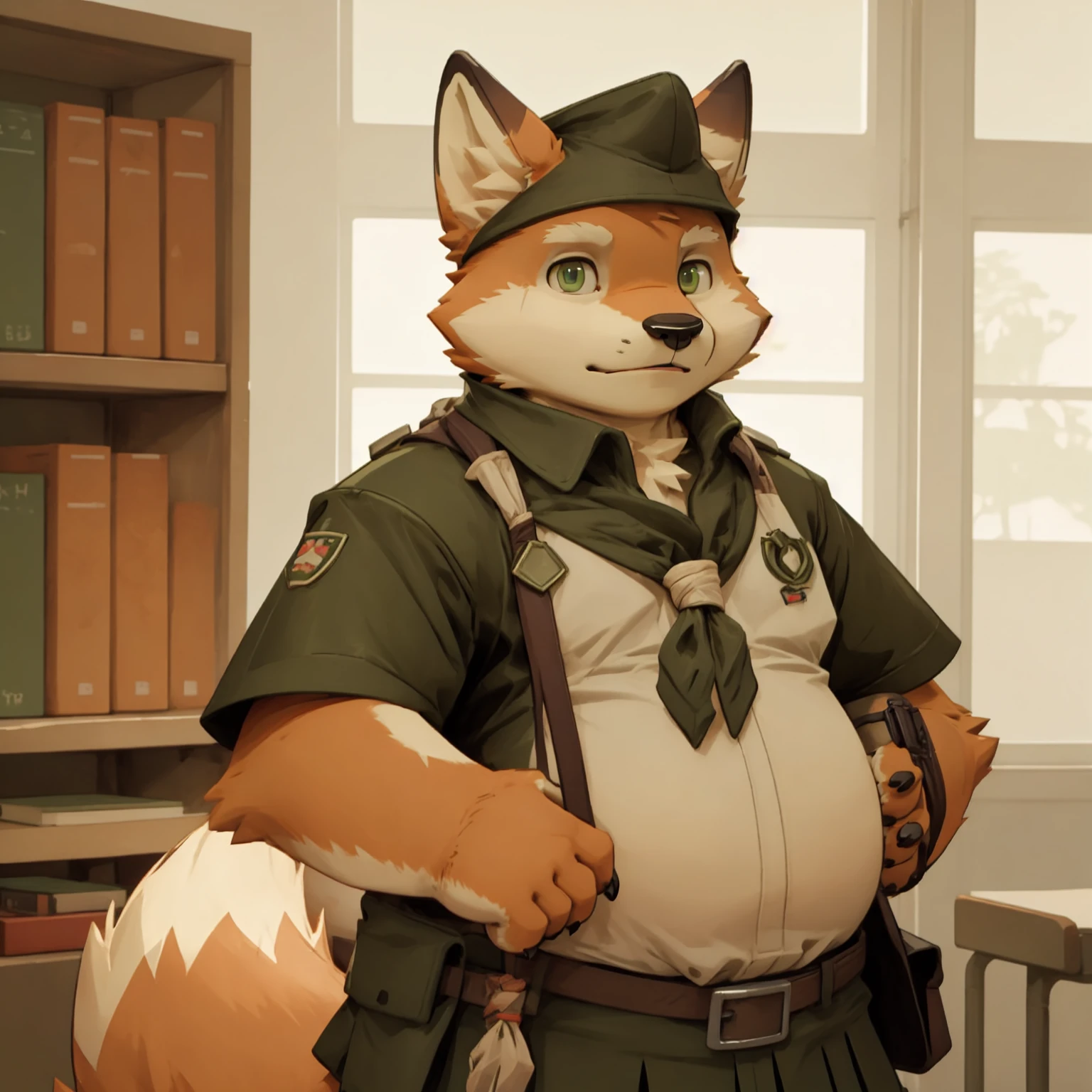 New Jersey 5 Furry，fox，portrait,Exquisite，Chubby，Orange plush fur，Gray-green eyes，Cute face，Handsome，School，Scout costumes，Standing