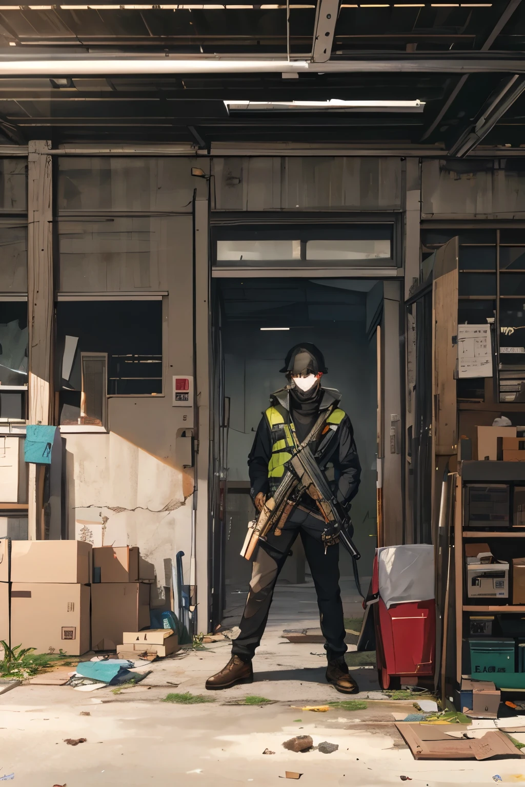 estou pensando em um jovem, que tem poder de teletransporte, who makes a living as a mercenary and selling stolen goods, como armas de delegacias que ele invande com seu poder, he is an anti hero, de cabelo preto com as pontas verdes e usa roupas de terrorista, ele esta no seu esconderijo, which is an abandoned warehouse, do it with quality
