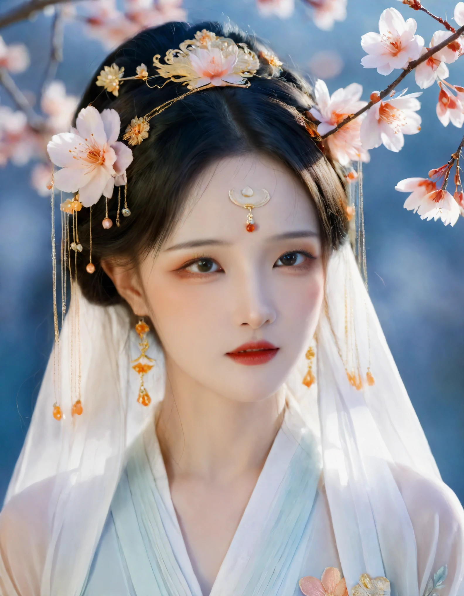 The image portrays an East Asian woman in ancient Chinese attire, radiating an ethereal aura. She wears a peach blossom hairpiece, accentuating her porcelain skin and delicate makeup. Her eyes are expressive, reflecting tranquility. A gentle breeze animates her hair, adding vitality to the portrait. She’s draped in sheer fabric with ornate gold and orange patterns, adorned with exquisite jewelry. The soft lighting and neutral backdrop amplify the narrative, highlighting her grace and feminine charm. This close-up is a testament to cultural legacy, exemplifying the pinnacle of fashion photography.