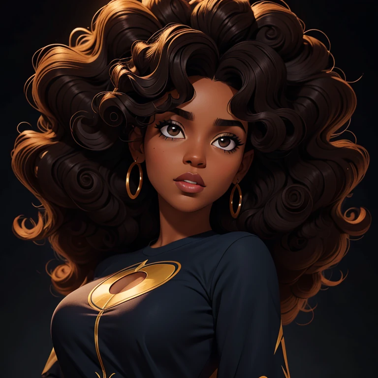 Garota negra, with hair that is curly and appears to be quite voluminous.The natural style of the curls suggests that the hair has a texture that retains the shape of the curls well. Dark brown eyes black image background with blue lightning,  blusa gola alta preta