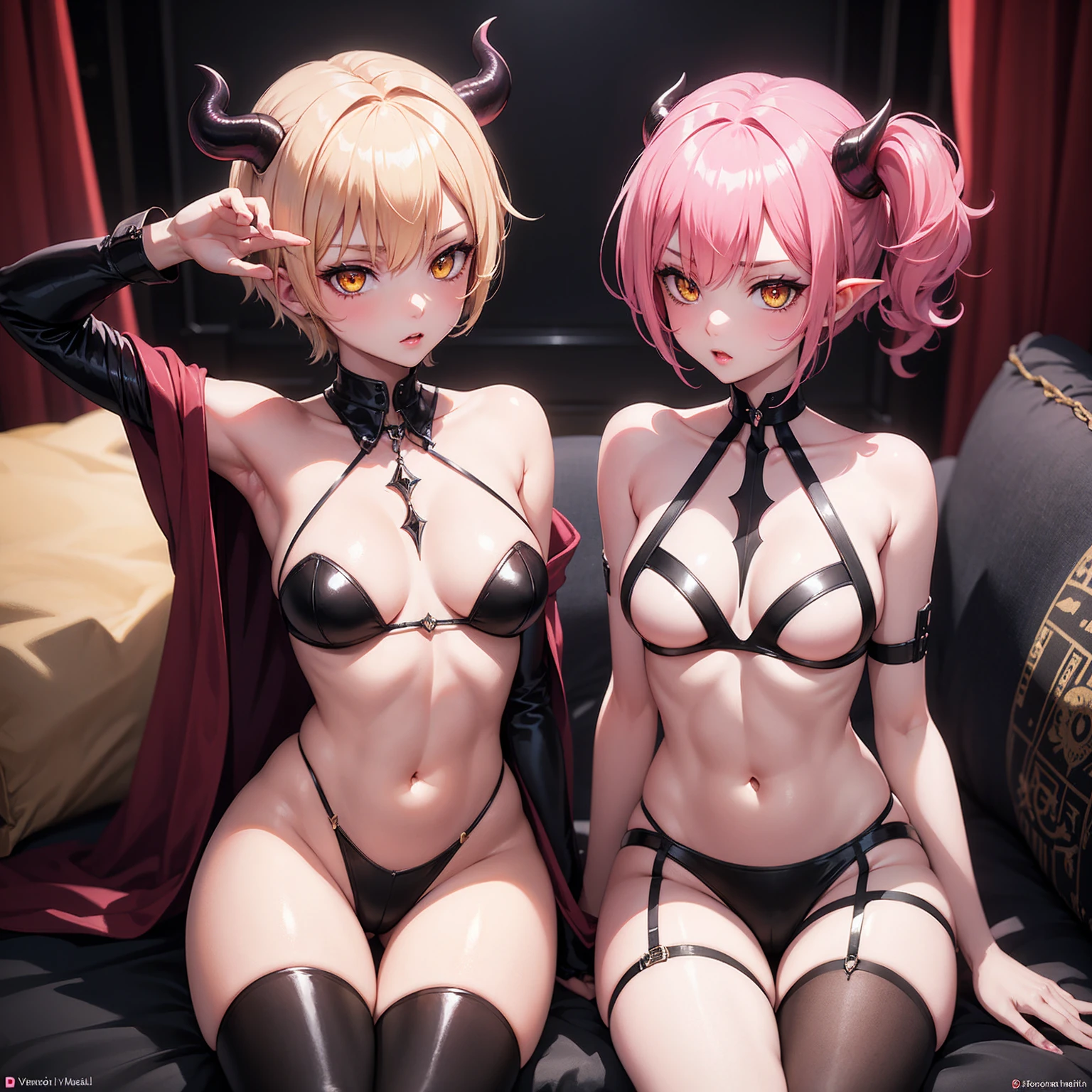 succubus, short pink hair, yellow eyes, Shamsiel