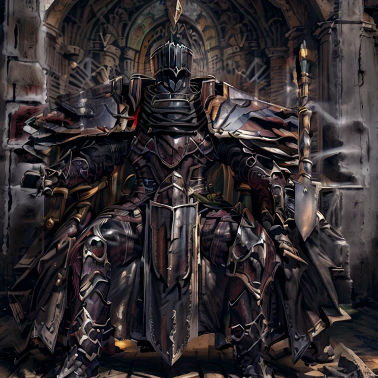 (masterpiece, best quality, detailed:1.2) BlackKnight_fe, Armor, Cape, Helmet, Sword, shield, The cloak is black color, castle, ruin, Heroic pose, polished armor, sitting on the throne, armor is shiny, black bodysuit,