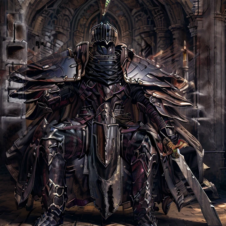 (masterpiece, best quality, detailed:1.2) BlackKnight_fe, Armor, Cape, Helmet, Sword, shield, The cloak is black color, castle, ruin, Heroic pose, polished armor, sitting on the throne, armor is shiny, black bodysuit,