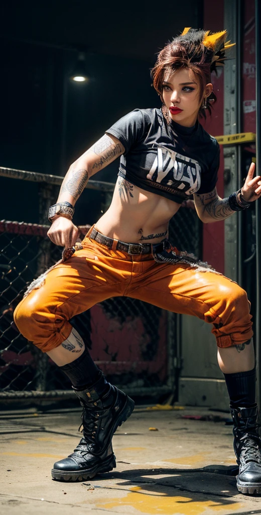 ((cuerpo entero, plano general:1.6),punk rebelde, joven punk,Spiked clothing, ((pelo mohawk:1.5)), ((action pose:1.5)), revolucionario, ropa punk top pantalones de cuero, Obra maestra, High Definition, mejor imagen 4k, 8k, ojos altamente detallados y expresivos, ((colores vividos, rojo, anaranjado, amarillo, cian:1.4)), High Definition