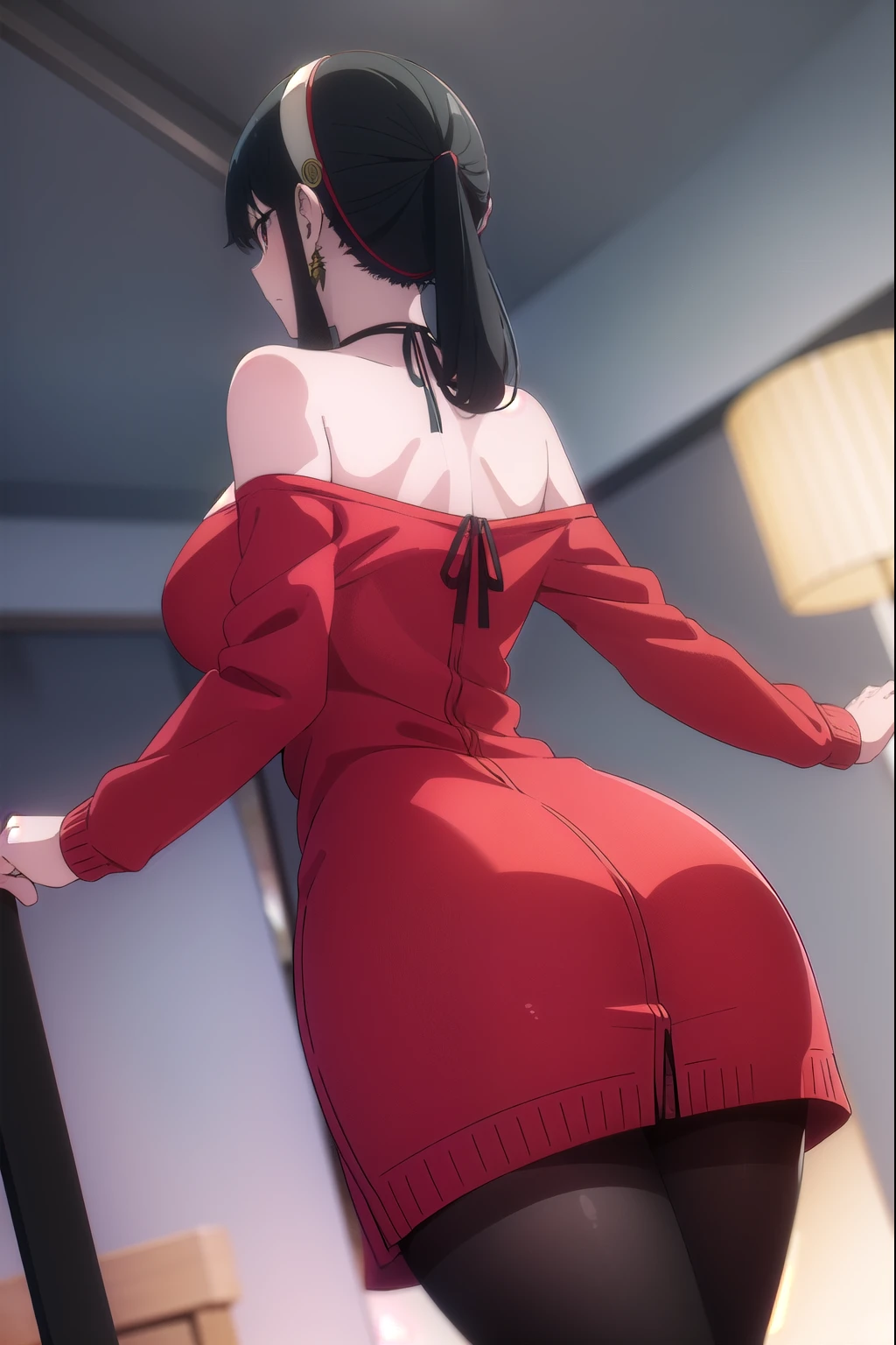 Master piece, huge breast, brown eyes,  1girl, short hair,  black hair, thighhighs, underwear, ass, from behind, back, garter belt, facing away, bending,curvy, sexy, official art, extremely detailed CG unity 8k wallpaper, Colorful, (masterpiece:1.0), (best_quality:1.0), ultra high res, 4K, ultra-detailed, navel
