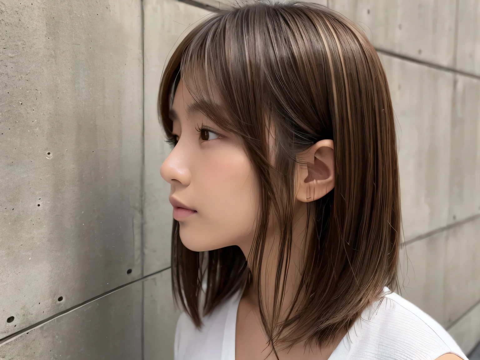 White shirt,Concrete wall with plain background,Light Brown Hair,Realistic skin texture,Slightly rough skin,Cute face,Japanese woman in her 20s,Medium hair over the shoulders ,Realistic skin texture,Profile of a person looking down,Coloring with streaks of highlights