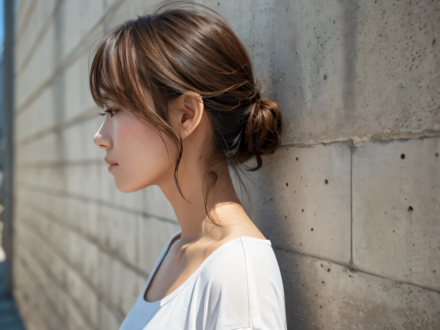 White shirt,Concrete wall with plain background,Light Brown Hair,Realistic skin texture,Slightly rough skin,Cute face,Japanese woman in her 20s,Medium hair over the shoulders ,Realistic skin texture,Profile of a person looking down,Coloring with streaks of highlights