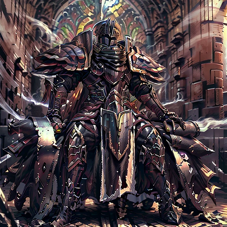(masterpiece, best quality, detailed:1.2) BlackKnight_fe, Armor, Cape, Helmet, Sword, shield, The cloak is black color, castle, ruin, Heroic pose, polished armor, sitting on the throne, armor is shiny, black bodysuit,