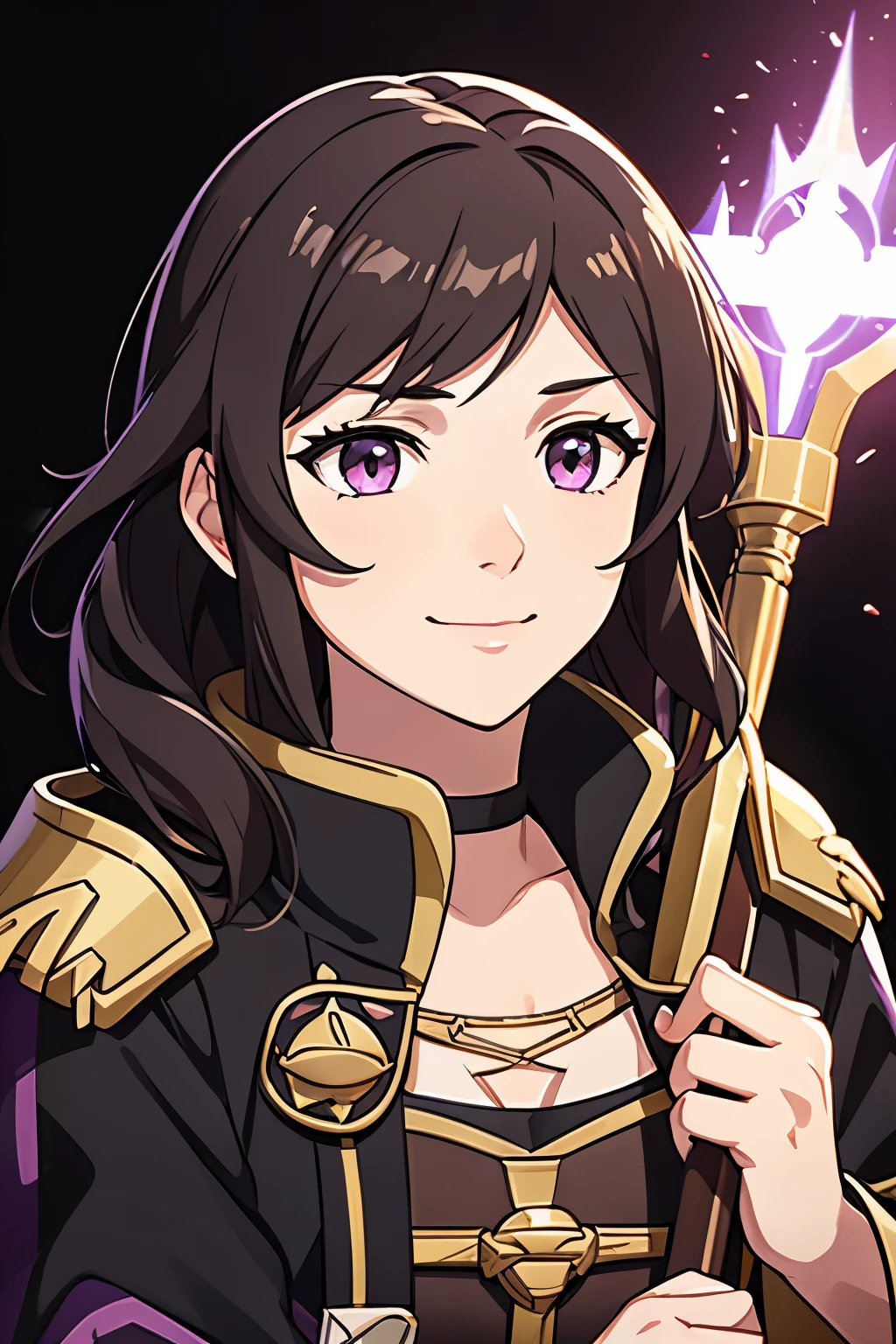 (high-quality, breathtaking),(expressive eyes, perfect face) 1girl, female, solo, portrait, Fire Emblem Awakening, Symmetrical Eyes, black background, Robin (Fire Emblem: Awakening), dark Brown hair color, short hair length, messy wavy hair, hair ornament, upper body, pink eyes, Black and purple cloak, gold trim, black shirt, brown belt, tomb, cute smile, detailed eyes, adorable face, short height, Grima, holding book,
