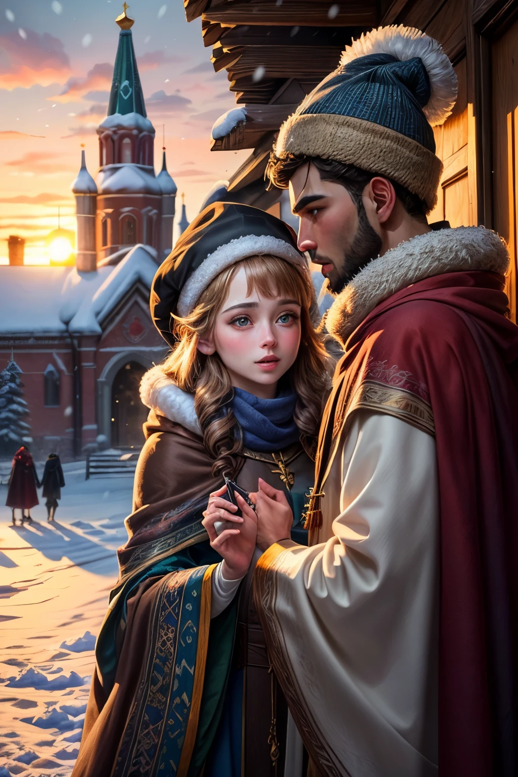 Fantastical paiting elfin russian girl and handsome light brown skin man with oversized heads and expressive eyes, wearing elegant winter cloaks and fur-trimmed hats, interacting playfully near the simplified silhouette of the Church on Blood in Ekaterinburg. Softly falling snow, vibrant jewel tones, with hints of gold and a rosy sunset.