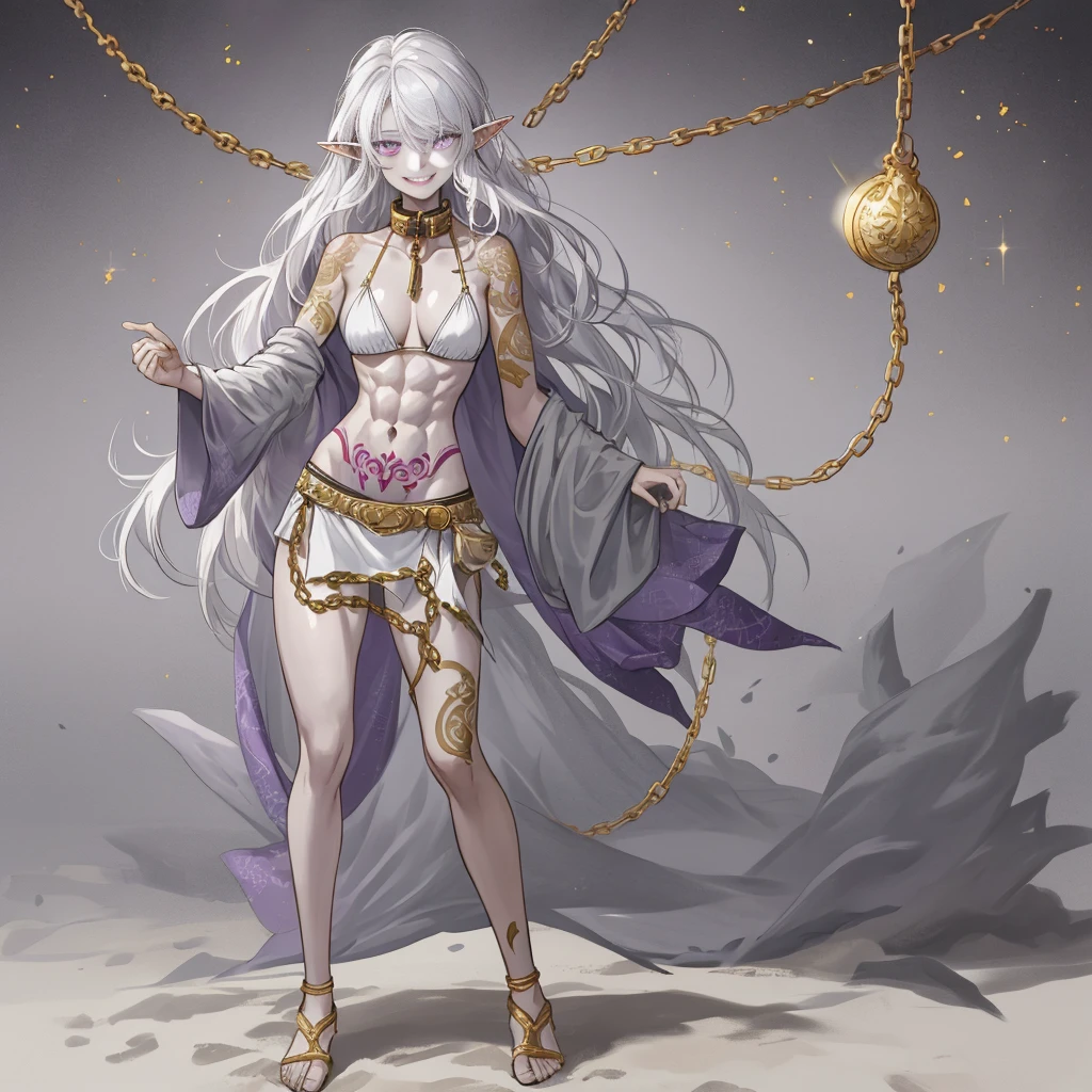 ((1girl)) full body, standing, grey skin, drow, elf, mature, detailed happy face, purple eyes, white hair, black bikini, abs, big knockers, golden chain collar, stomach tattoo (red tattoo)