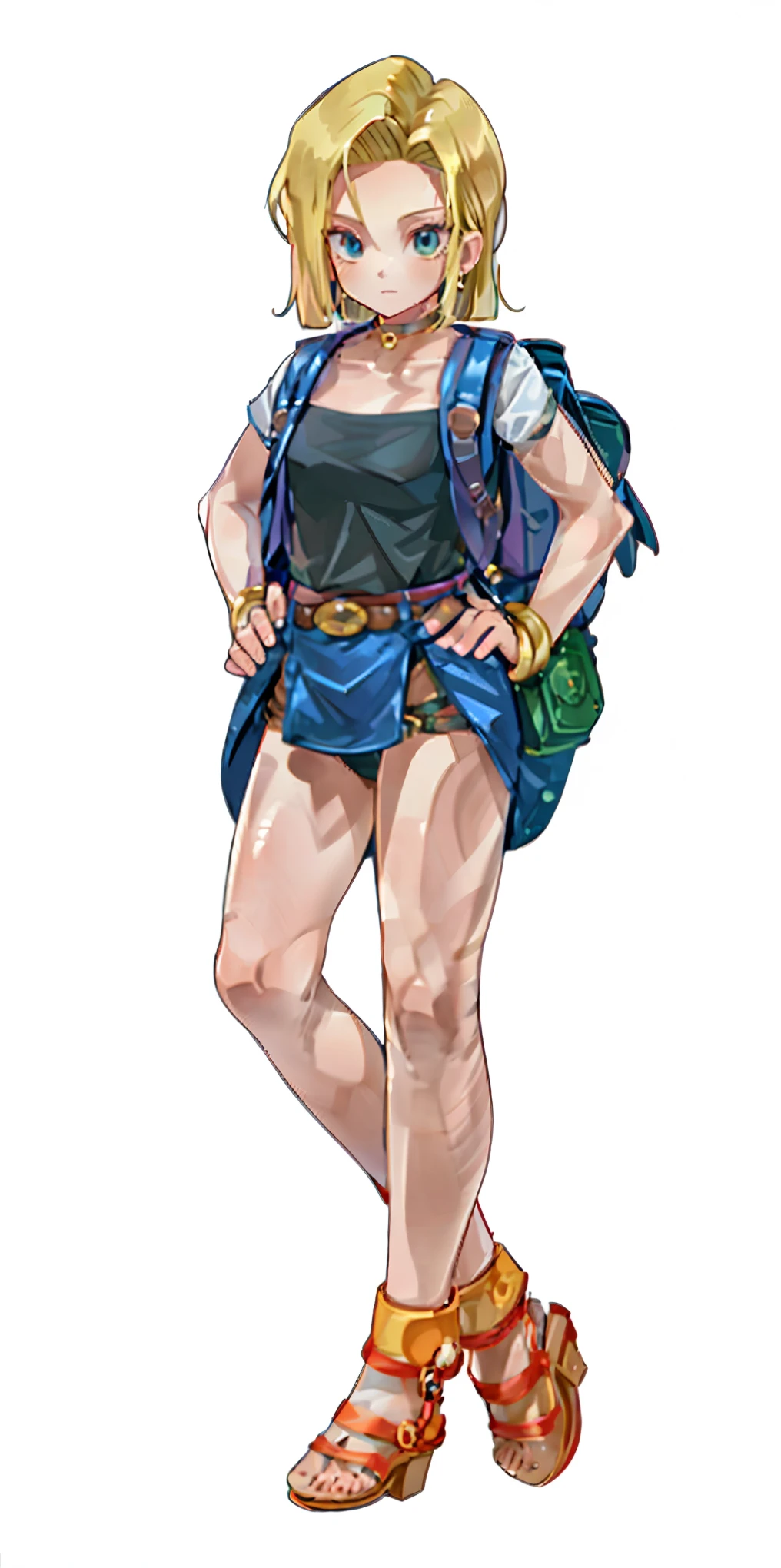 Android 18 from DBZ, 30 y.o. woman, full body, whole body. 1solo (girl). slave fighter, loincloth standing, hands on hips, metal sandals, backpack, choker, big belt, view from below, feet together, bracers, tiara