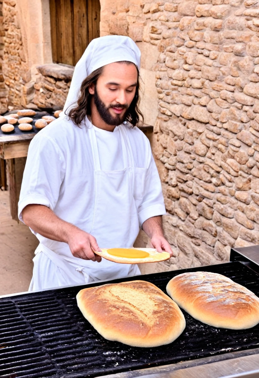 Jesus Christ making bread on the griddle