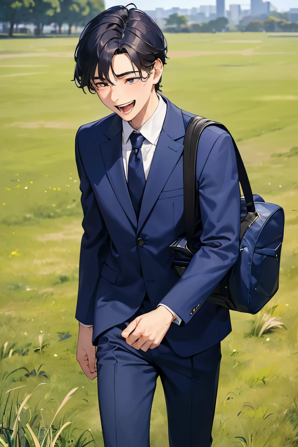 ((best quality)), ((masterpiece)), ((detailed)), (((perfect faces))), (((20yo man in navy blue suit))), (((walking))), (((laughing))), (((big wide eyes))), (((grass field))), (((school bag)))