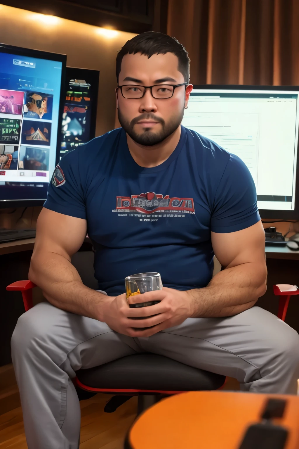 Best quality: 1.0), (Super High Resolution: 1.0), george pei, 1boy, solo, 40 years old male, mature male, masterpiece, round face, short beard, stumble, glasses, big chest, big abs, muscular,  sitting in front of computer playing games, background in esports room,