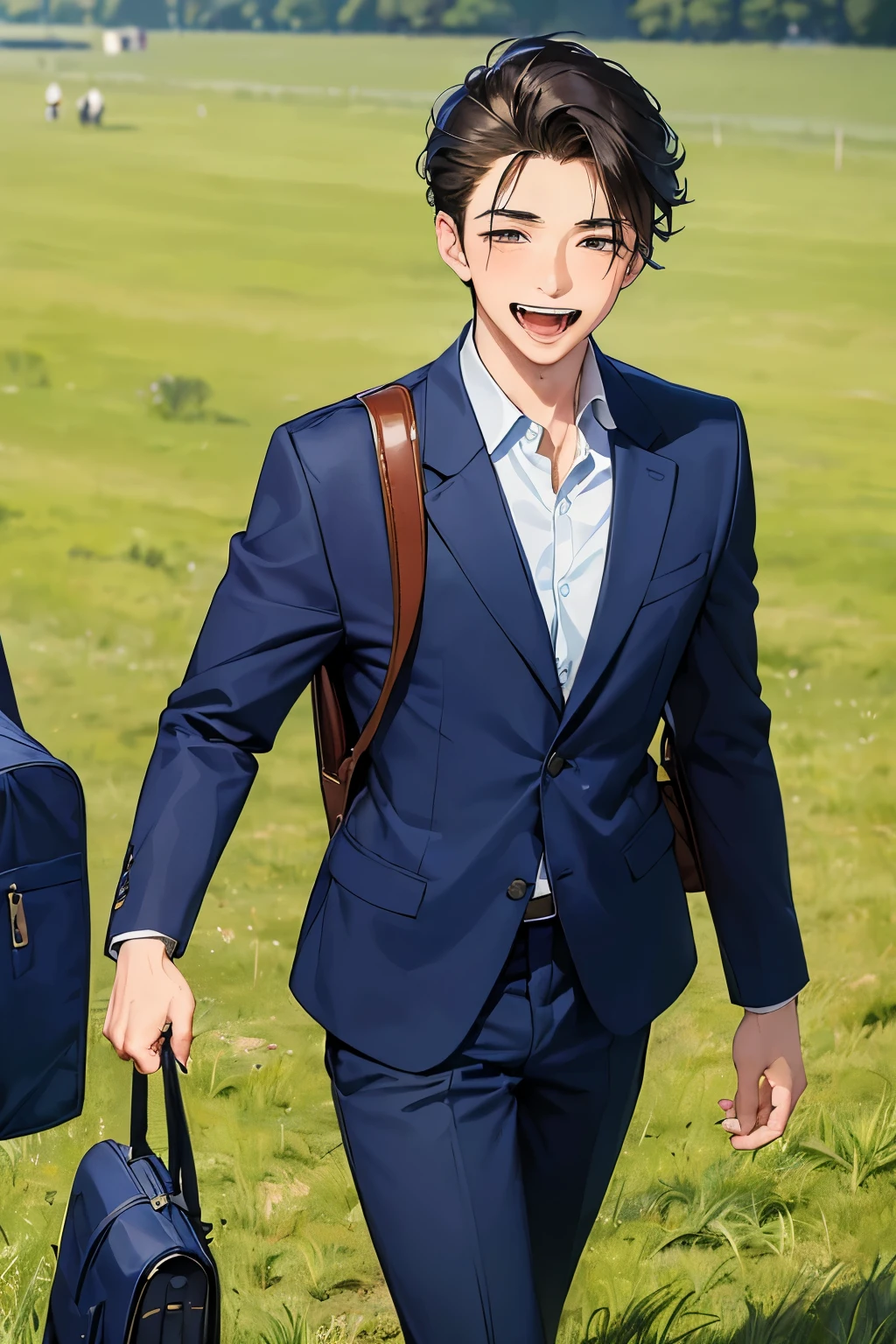 ((best quality)), ((masterpiece)), ((detailed)), (((perfect faces))), (((20yo man in navy blue suit))), (((walking))), (((laughing))), (((big wide eyes))), (((grass field))), (((school bag)))