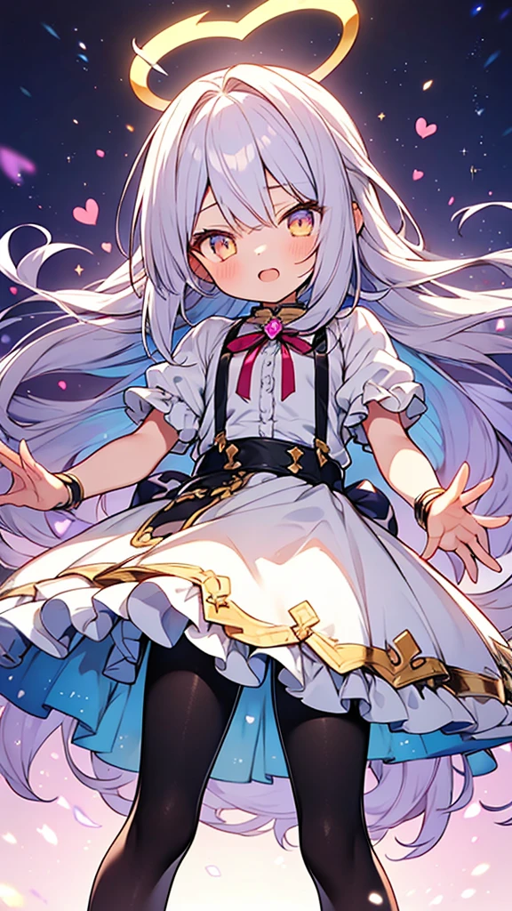 beautiful anime style,ultra hyper cute shota,halo,glowing (heart-shaped halo),magical beret with ribbon,frilly magical girl dress,silverish purple long hair,(golden eyes),hyper beautiful effect,suspender skirt,black pantyhose,boy body and girl face,magical young shota,from below,