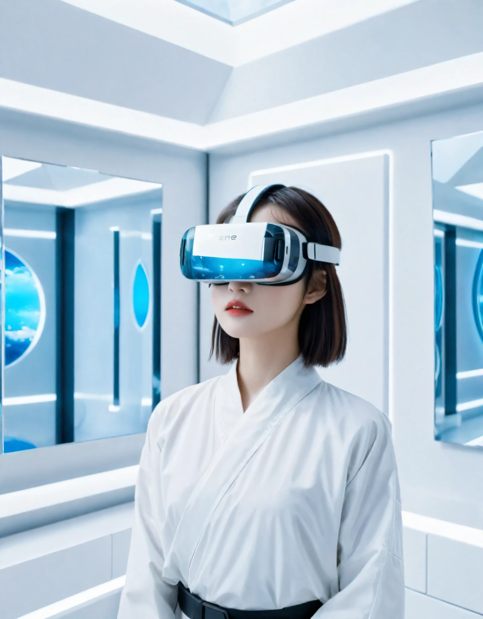 The scene is set in a futuristic interior, reminiscent of a Hall of Mirrors, during a cloudy day. This advanced facility is equipped with VR simulations and cutting-edge nanotech healing technologies. A young Asian woman, dramatically made-up, becomes the focal point, infusing the scene with a cinematic quality. The film grain texture and analog photography style amplify the dramatic ambiance. The composition is lively, with the woman’s direct gaze piercing through the image, establishing a compelling connection with the viewer.
Film Grain