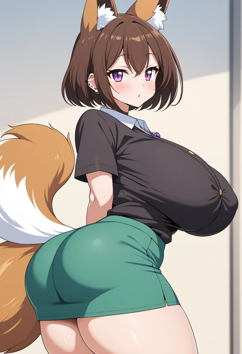 female ,kitsune brown short tomboy hair and violet eyes, fox ears and tail, huge M-size breasts and thicc thighs nice curves and huge ass, about 4,9 ear piercing button shirt ready to snap outfit short skirt, Anime