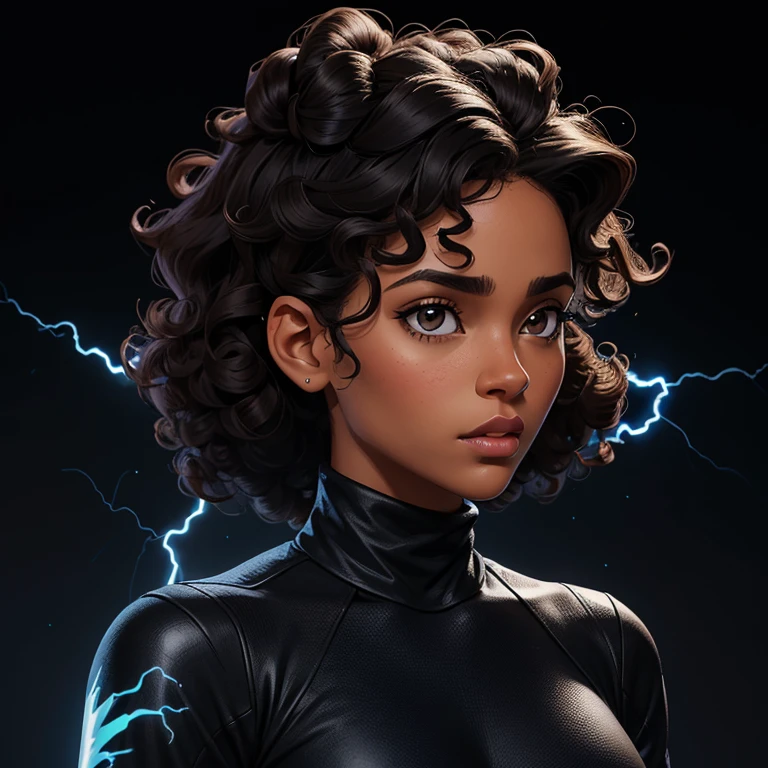 ((Black free fire game style female character)), ((arafed woman))((African-American Asian)), ((With black curly hair tied up with some loose strands)), ((And a black long-sleeved blouse purchased turtleneck written Girl)),((She is facing the camera looking to the side, black background and blue lightning))Garota negra, with hair that is curly and appears to be quite voluminous.The natural style of the curls suggests that the hair has a texture that retains the shape of the curls well. Dark brown eyes black image background with blue lightning