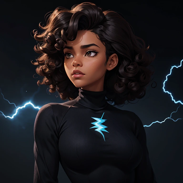 ((Black free fire game style female character)), ((arafed woman))((African-American Asian)), ((With black curly hair tied up with some loose strands)), ((And a black long-sleeved blouse purchased turtleneck written Girl)),((She is facing the camera looking to the side, black background and blue lightning))Garota negra, with hair that is curly and appears to be quite voluminous.The natural style of the curls suggests that the hair has a texture that retains the shape of the curls well. Dark brown eyes black image background with blue lightning