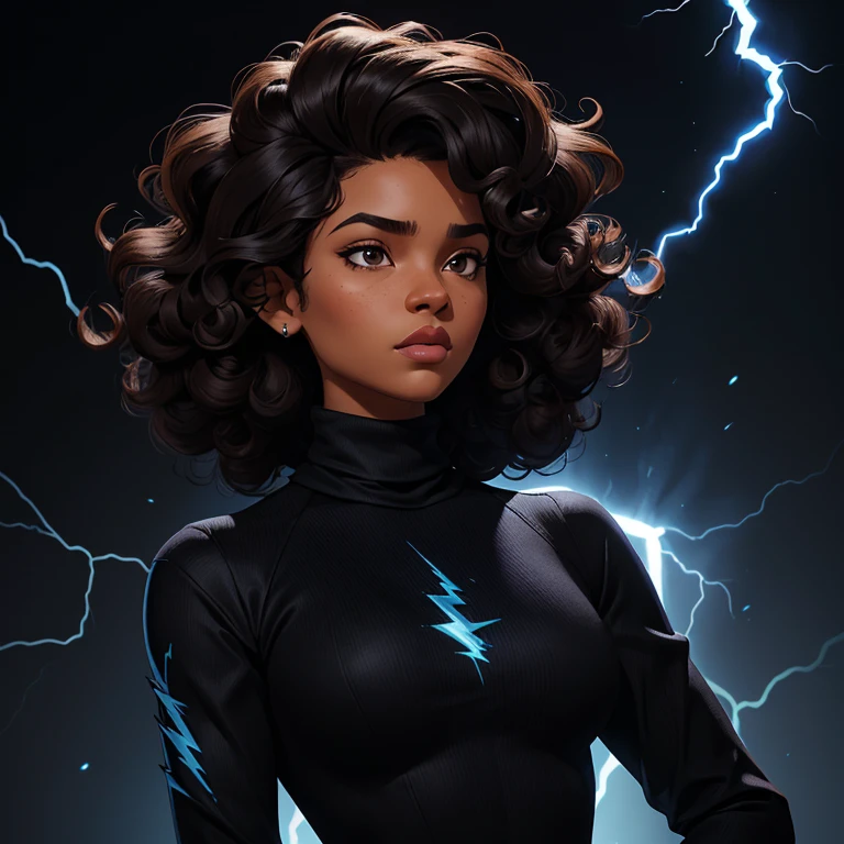 ((Black free fire game style female character)), ((arafed woman))((African-American Asian)), ((With black curly hair tied up with some loose strands)), ((And a black long-sleeved blouse purchased turtleneck written Girl)),((She is facing the camera looking to the side, black background and blue lightning))Garota negra, with hair that is curly and appears to be quite voluminous.The natural style of the curls suggests that the hair has a texture that retains the shape of the curls well. Dark brown eyes black image background with blue lightning