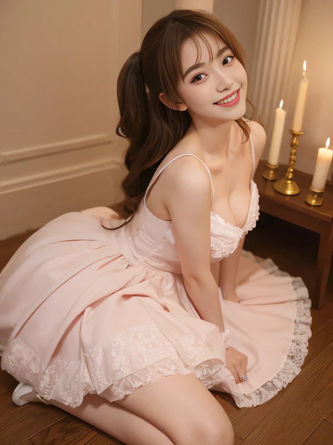 Sexy Body, Large Breasts, ta Dress,floor,smile,small candle