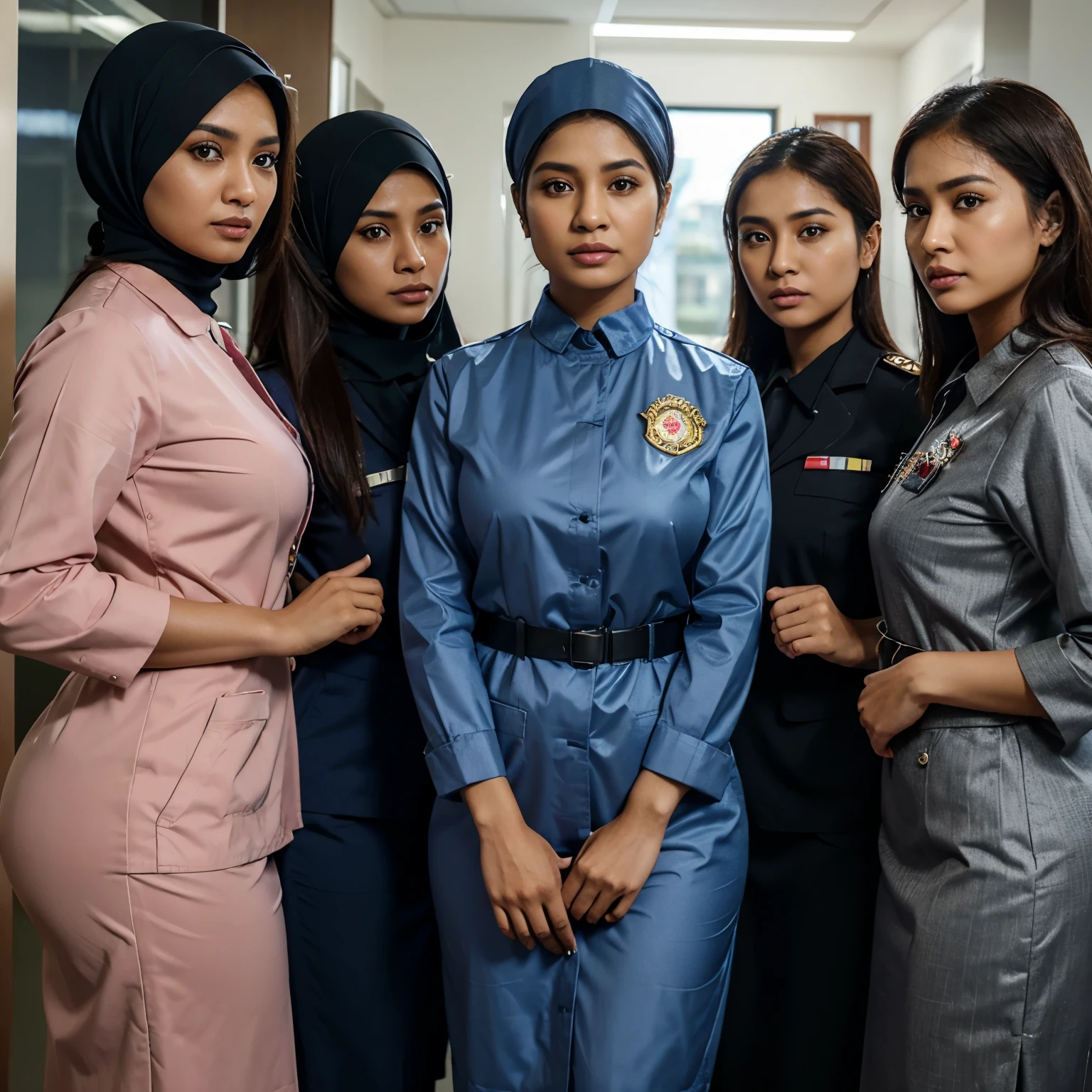 A hyperrealistic 3D image of five Malay Muslim women in professional attire, including office wear, police uniform, firefighter gear, nurse uniform, teacher outfit, and doctor's coat with the text 'Selamat Hari Wanita' in the background